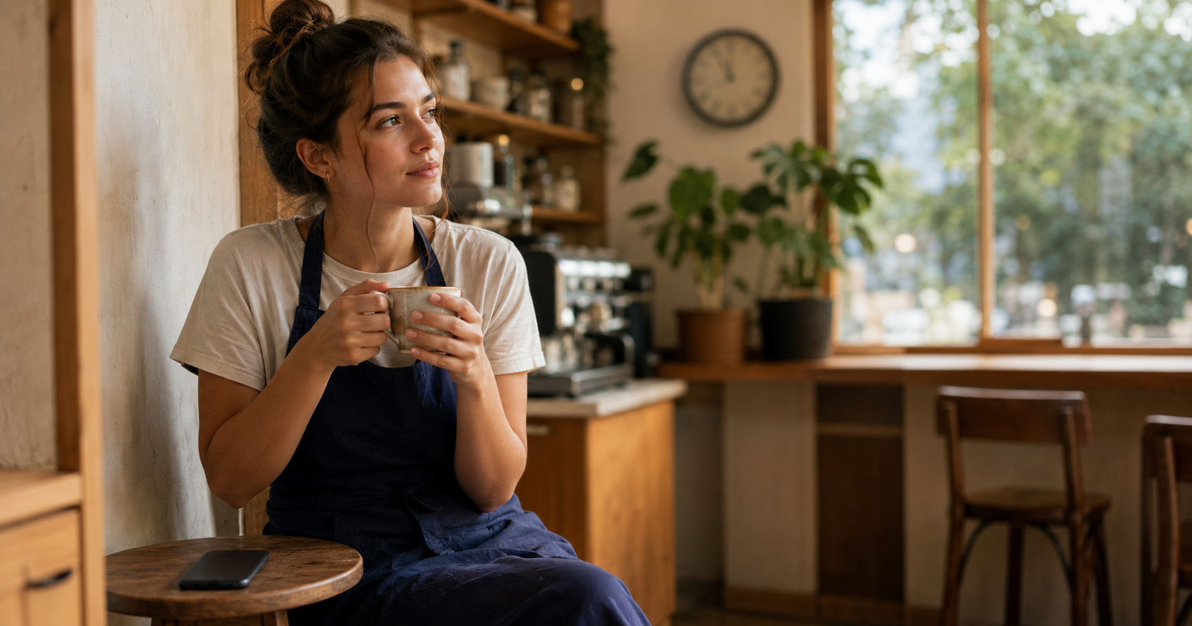 A café worker taking a rest break with a hot drink in a quiet corner during a shift.