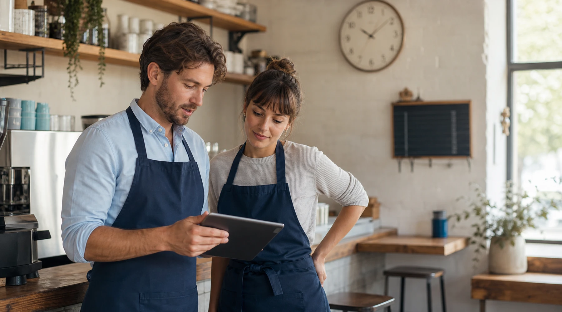 Cafe manager and employee reviewing an updated staff rota together on a tablet before opening.