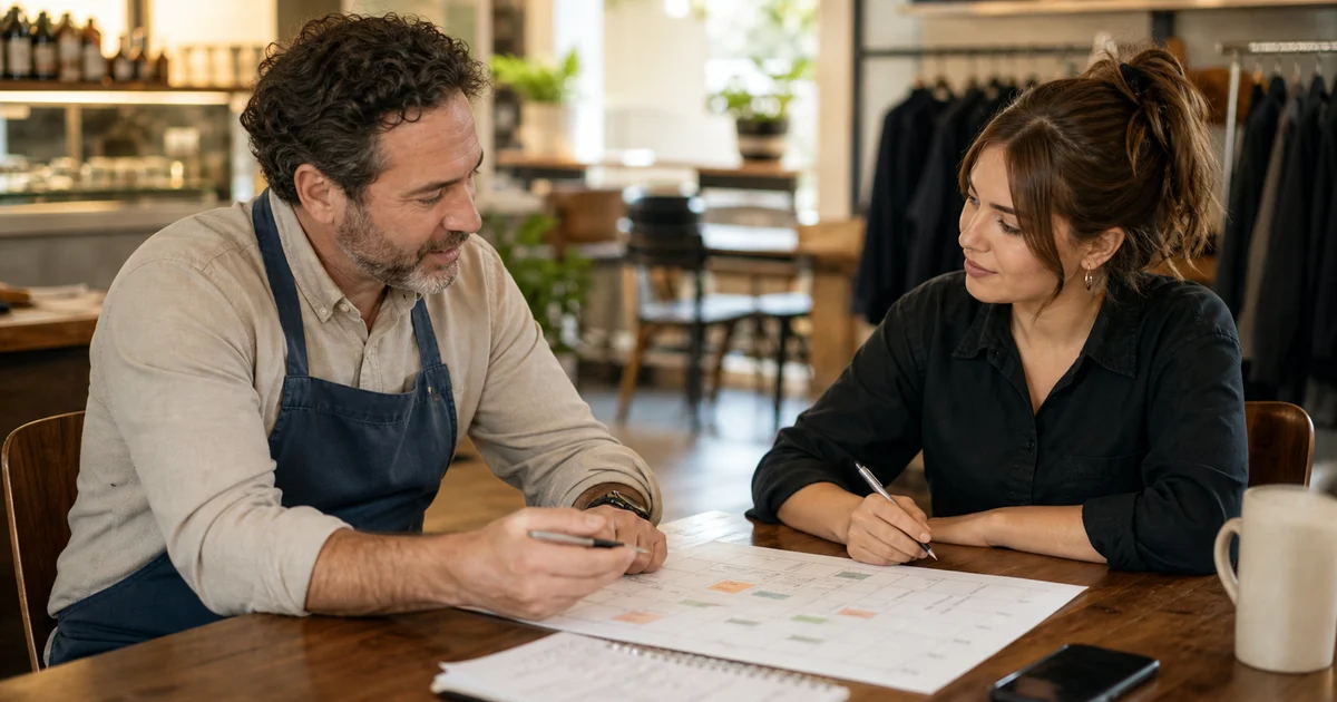 Manager and staff member discussing availability around a paper calendar in a small business.